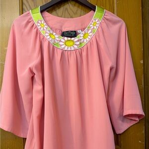 Bob Mackie Wearable Peach Floral Embroidered Sheer Lined Boho Blouse S Small